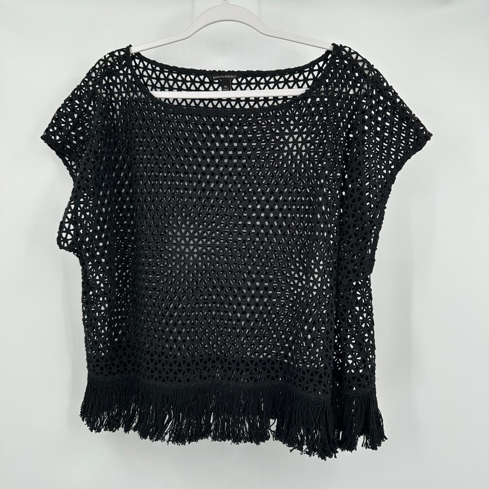 Banana Republic Womens Boho Fringe‎ Crochet Top Size XL Black Beachy Open Knit